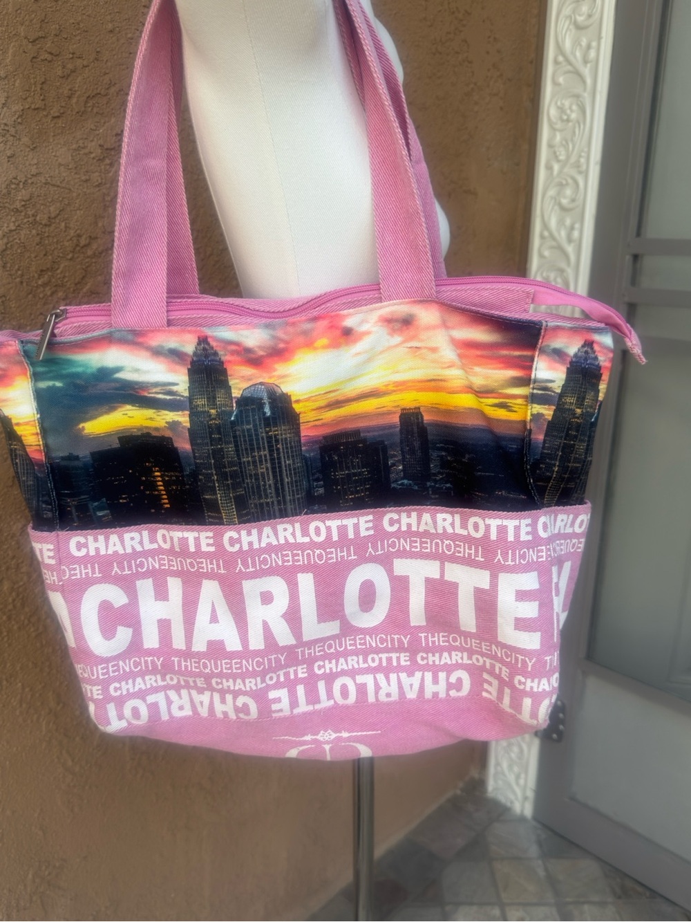 Robin Ruth Pink Charlotte Cityscape Canvas Tote